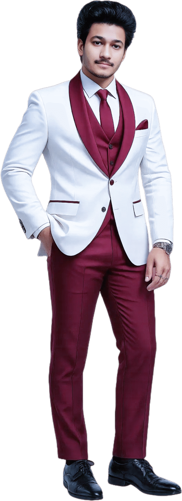 Men’s Premium White & Maroon Contrast Lapel Suit Set