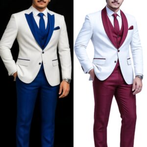 Men’s Premium Contrast Lapel Suit Set – White & Blue / White & Red