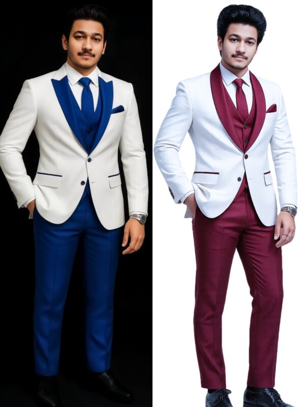 Men’s Premium Contrast Lapel Suit Set – White & Blue / White & Red
